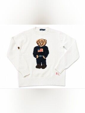 🐻 Polo Ralph Lauren Bear Sweater Men's M Ivory Flag Bear Intarsia Rare Belt RTR